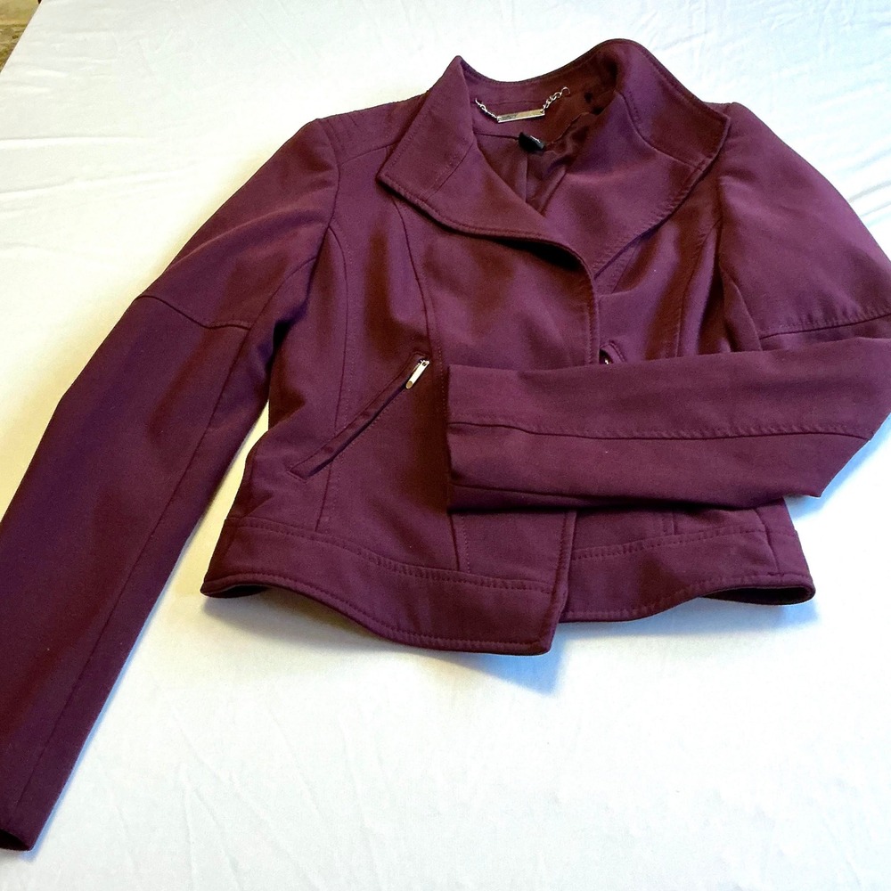 White House Black Market Plum Burgundy Moto Jacket Asymmetric Blazer Size 00